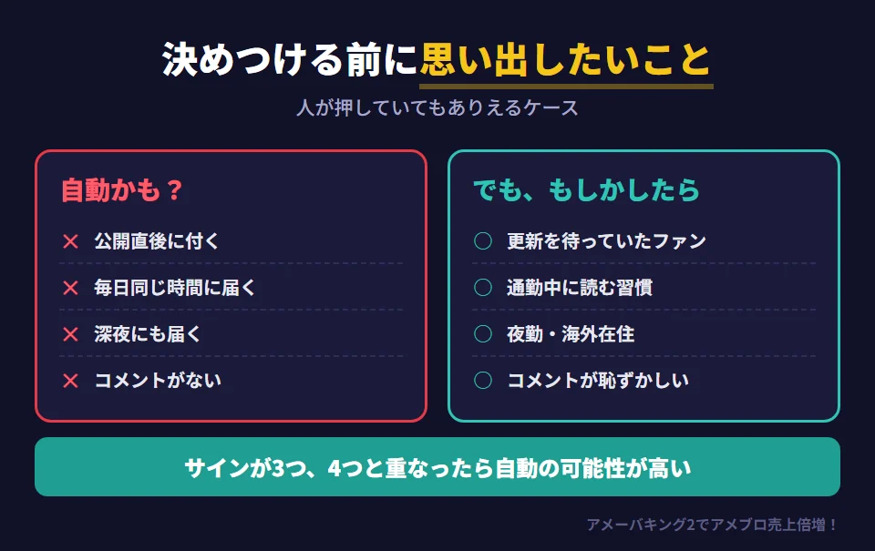 自動いいねのサインでも、人が押していてもありえるケース。公開直後に付くのは、ファンが更新の通知を待っていたのかもしれない。毎日同じ時間に届くのは、通勤電車の中など毎日決まった時間にアメブロを見る習慣があるのかもしれない。深夜に届くのは、夜勤や海外在住の人かもしれない。コメントがないのは、読むのは好きだがコメントは恥ずかしい人かもしれない